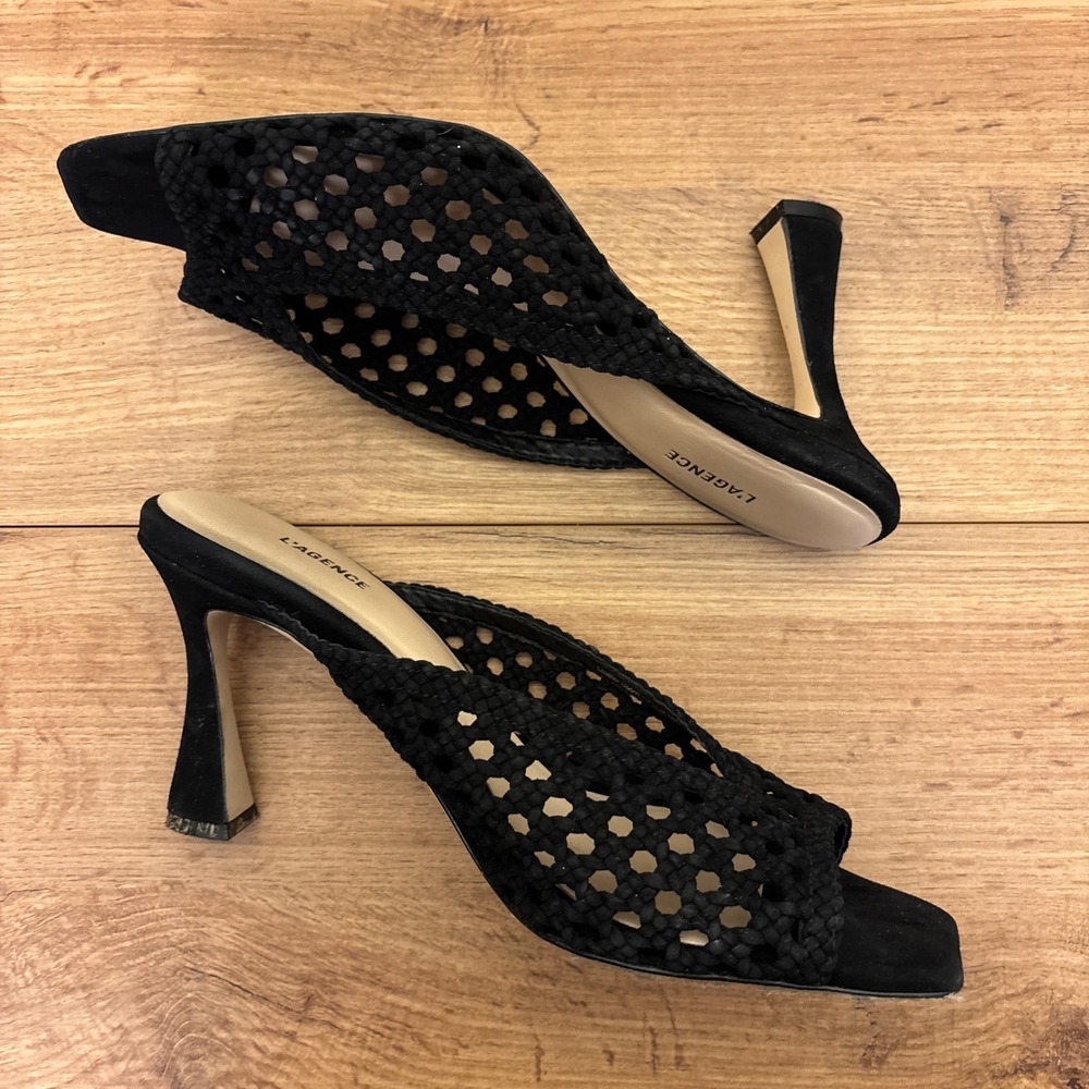L'AGENCE‎ Jacques Sandal Heels Black Women Size 10 Woven Knit Mule Casual Formal - Picture 8 of 13